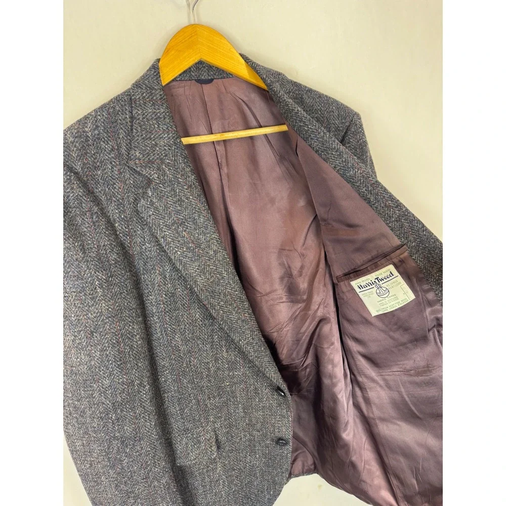 Harris Tweed The Bay Mens 44 / 42 Grey Herringbone Wool Blazer Sport Coat